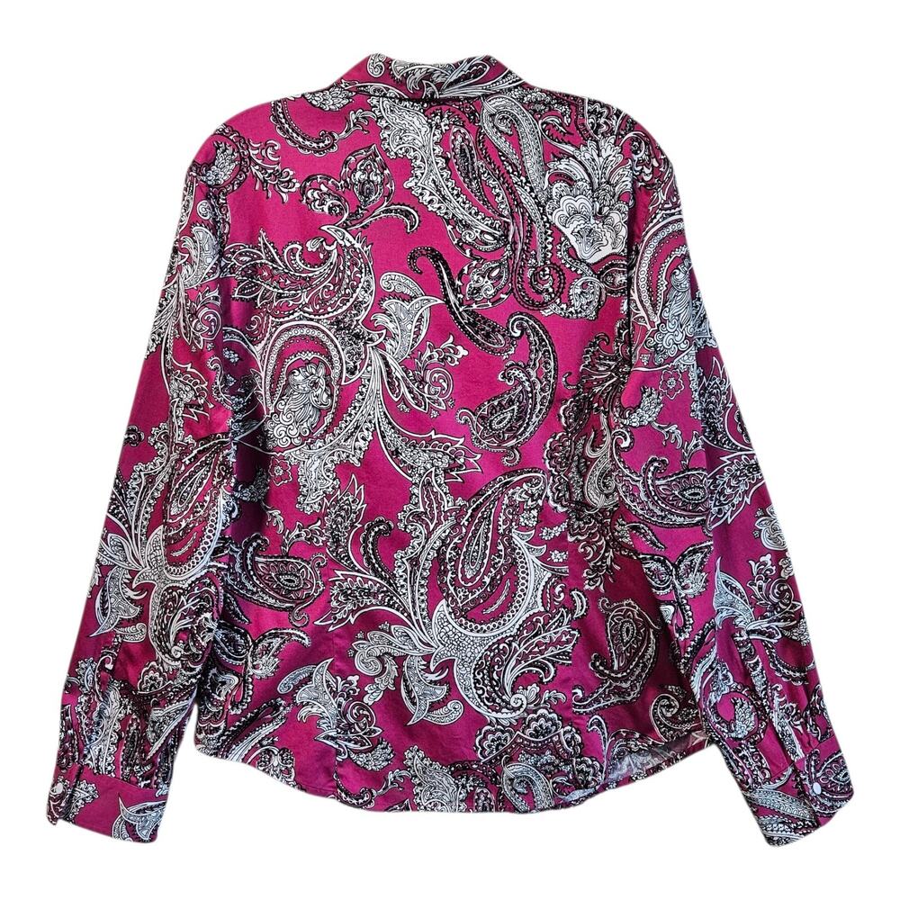 TALBOTS Women's 14 Blouse Paisley Pink Black Button Up Cotton Sateen Classic 40" - Picture 8 of 9